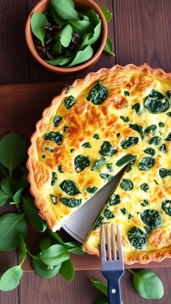 A slice of spinach and cheese quiche on a wooden table, with fresh greens and a beautiful golden crust.
